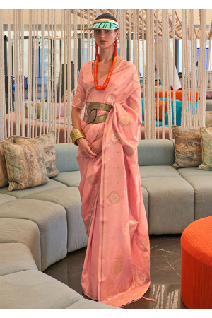Coral Pink Zari Weaving Silk Saree