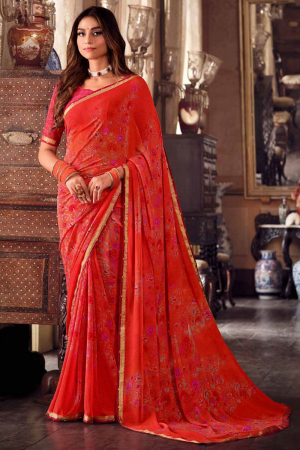 Coral Red Casual Wear Georgette Saree