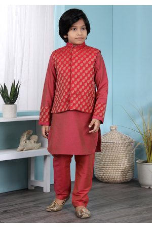 Coral Red Cotton Silk Kurta Pyjama Set with Jacket