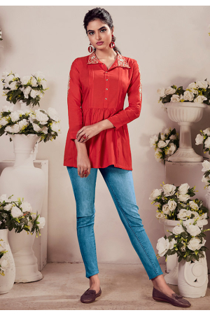 Coral Red Embroidered Rayon Tunic