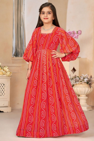 Coral Red Printed Georgette Girls Gown