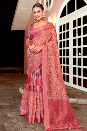 Coral Red Silk Party Wear Saree