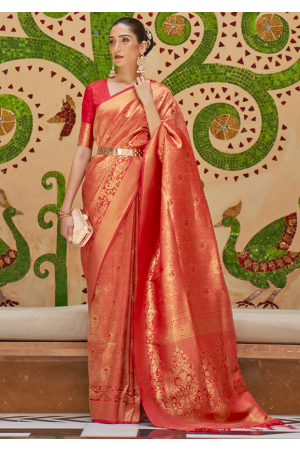 Coral Red Silk Woven Saree
