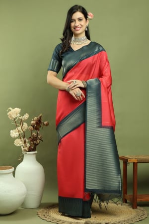 Coral Red Woven Silk Blend Saree