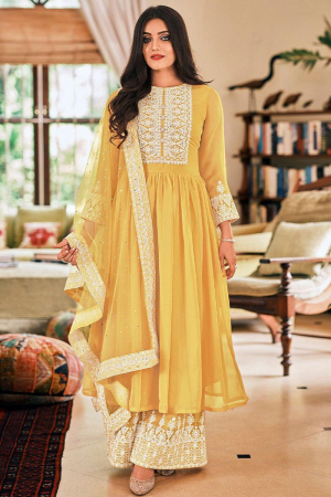 Corn Yellow Georgette Embroidered Palazzo Suit