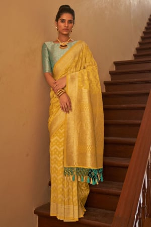 Corn Yellow Nylon Crepe Zari Woven Saree