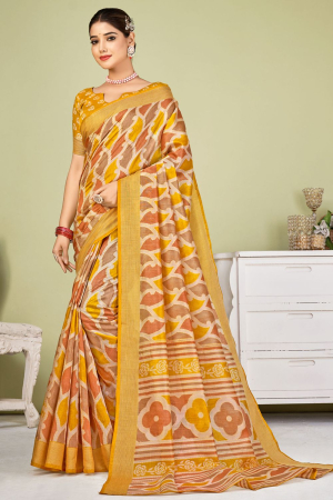 Corn Yellow Tussar Silk Digital Printed Saree