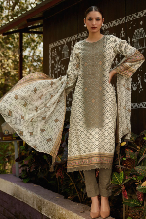Cream and Dusty Grey Printed Pure Muslin Pant Kameez