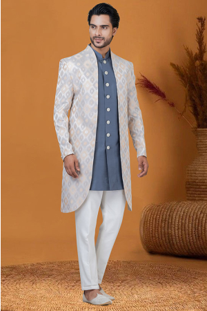 Cream and Grey Jacquard Silk Indo Western Outfit