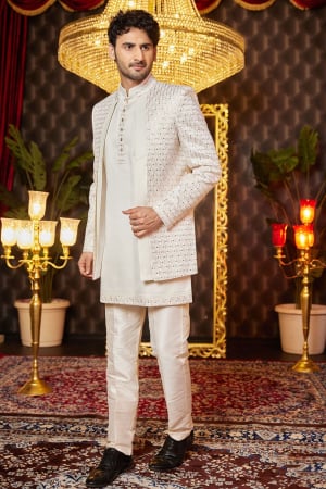 Cream Art Silk 3 Piece Indo Western Outfit for Wedding