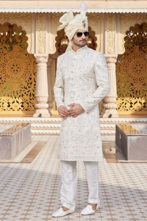 Cream Art Silk Computer Thread Work Wedding Wear Sherwani
