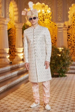Cream Art Silk Computer Thread Work Wedding Wear Sherwani