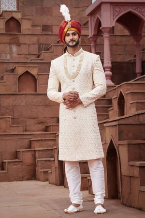 Cream Art Silk Designer Sherwani