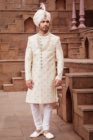 Cream Art Silk Designer Sherwani