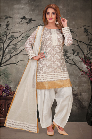 Cream Art Silk Patiala Kameez Suit