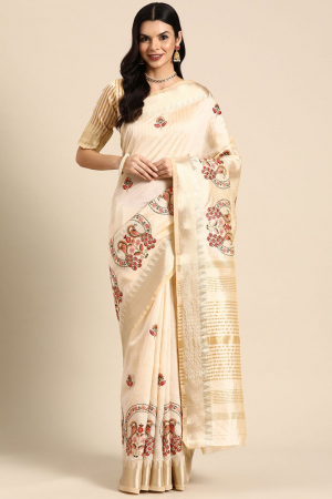 Cream Assam Cotton Silk Floral Thread  Embroidery Work Party Wear Saree