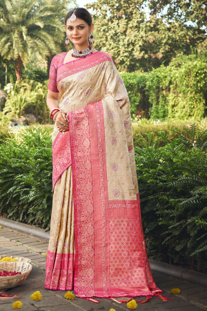 Cream Banarasi Silk Woven Saree