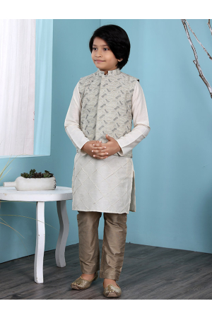 Cream Cotton Silk Kurta Pyjama Set with Jacket