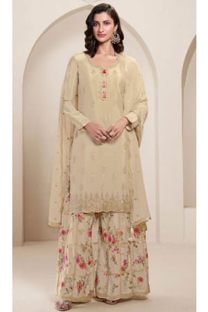 Cream Embroidered Chinnon Palazzo Kameez