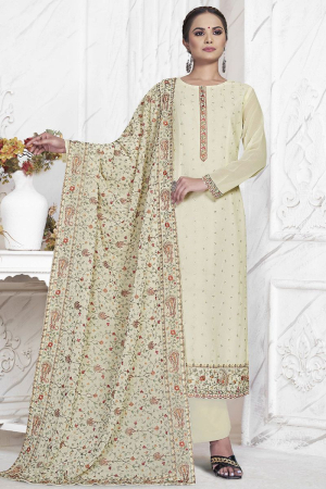 Cream Embroidered Georgette Trouser Kameez for Ceremonial