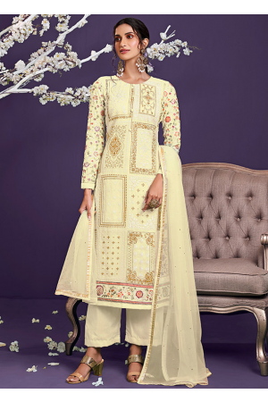 Cream Embroidered Georgette Trouser Kameez