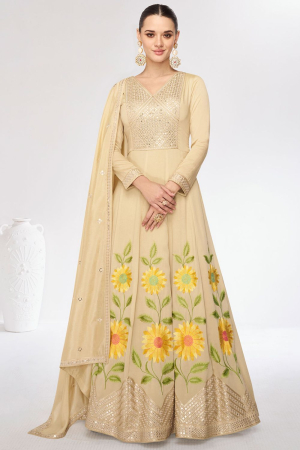 Cream Embroidered Silk Anarkali Dress for Festival