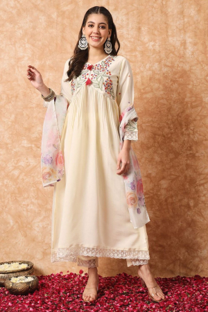 Cream Embroidered Viscose Readymade Pant Kameez