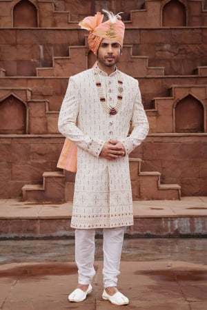 Cream Georgette Designer Sherwani