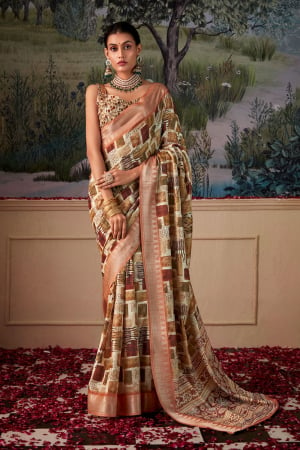 Cream Handloom Silk Party Wear Saree