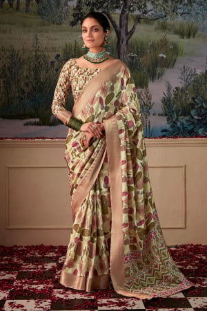 Cream Handloom Silk Party Wear Saree