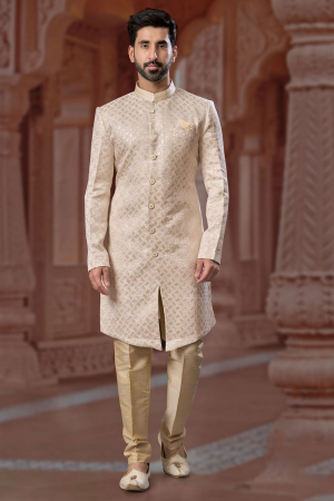 Cream Heavy Wedding Wear Indo Sherwani