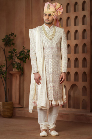 Cream Heavy Wedding Wear Sherwani