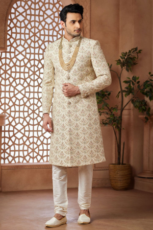 Cream Heavy Wedding Wear Sherwani