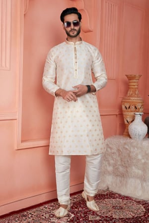 Cream Jacquard Banarasi Silk Kurta Set for Festival