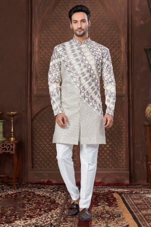Cream Jacquard Embrodiered Indo Western Outfit