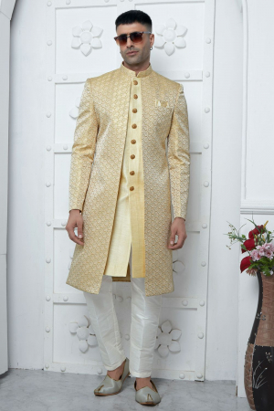 Cream Jacquard Silk 3 Pc Indo Western Outfit