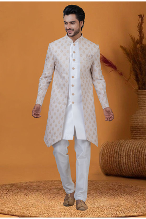 Cream Jacquard Silk Indo Western Outfit