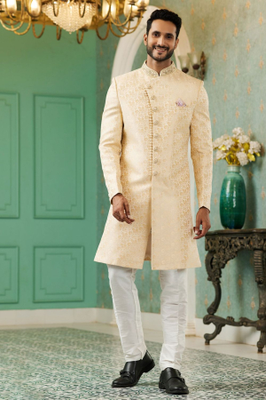 Cream Jacquard Silk Indo Western Outfit