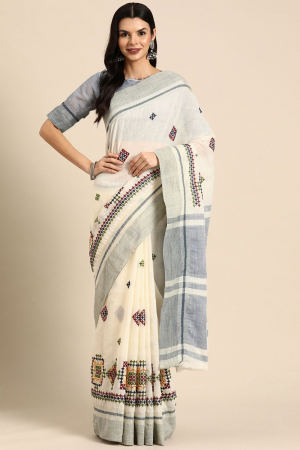 Cream Linen Cotton Thread Embroidered Party Wear Saree