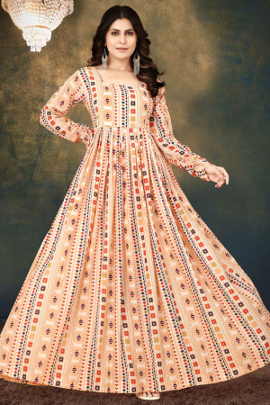 Cream Muslin Digital Printed Gown