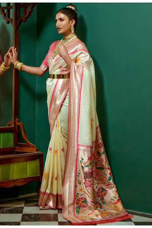 Cream Paithani Silk Zari Woven Saree