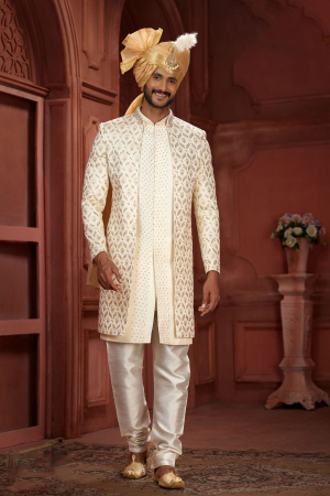 Cream Pure Silk Wedding Wear Sherwami