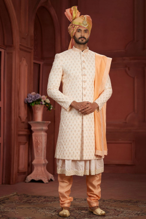 Cream Pure Silk Wedding Wear Sherwami