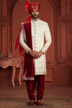 Cream Pure Silk Wedding Wear Sherwani