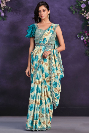 Cream Satin Silk Designer Ready to Wear Saree