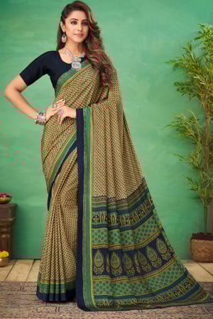 Cream Silk Crepe Printed Saree for Party