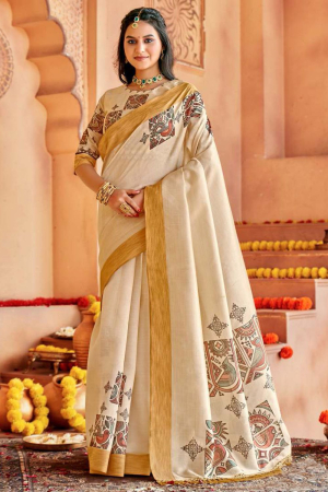 Cream Traditional Print Temple Wear Silk Saree