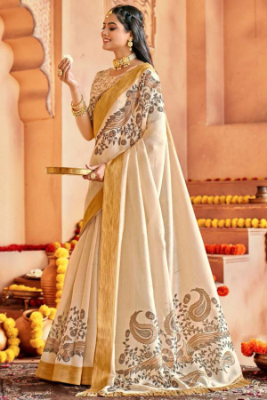 Cream Traditional Print Temple Wear Silk Saree