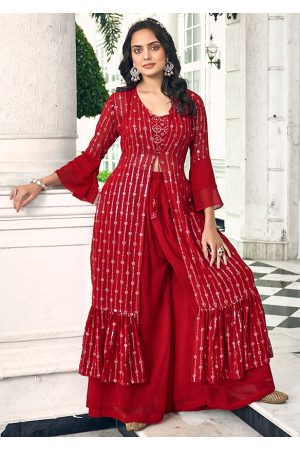 Crimson Red Embroidered Faux Georgette IndoWestern