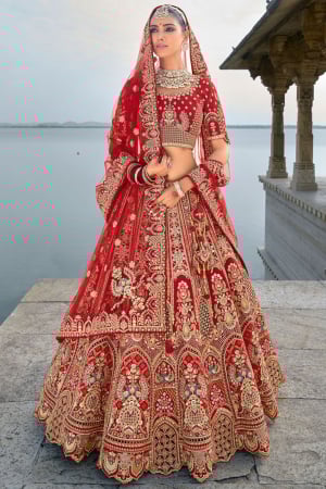 Crimson Red Embroidered Silk Bridal Lehenga Choli